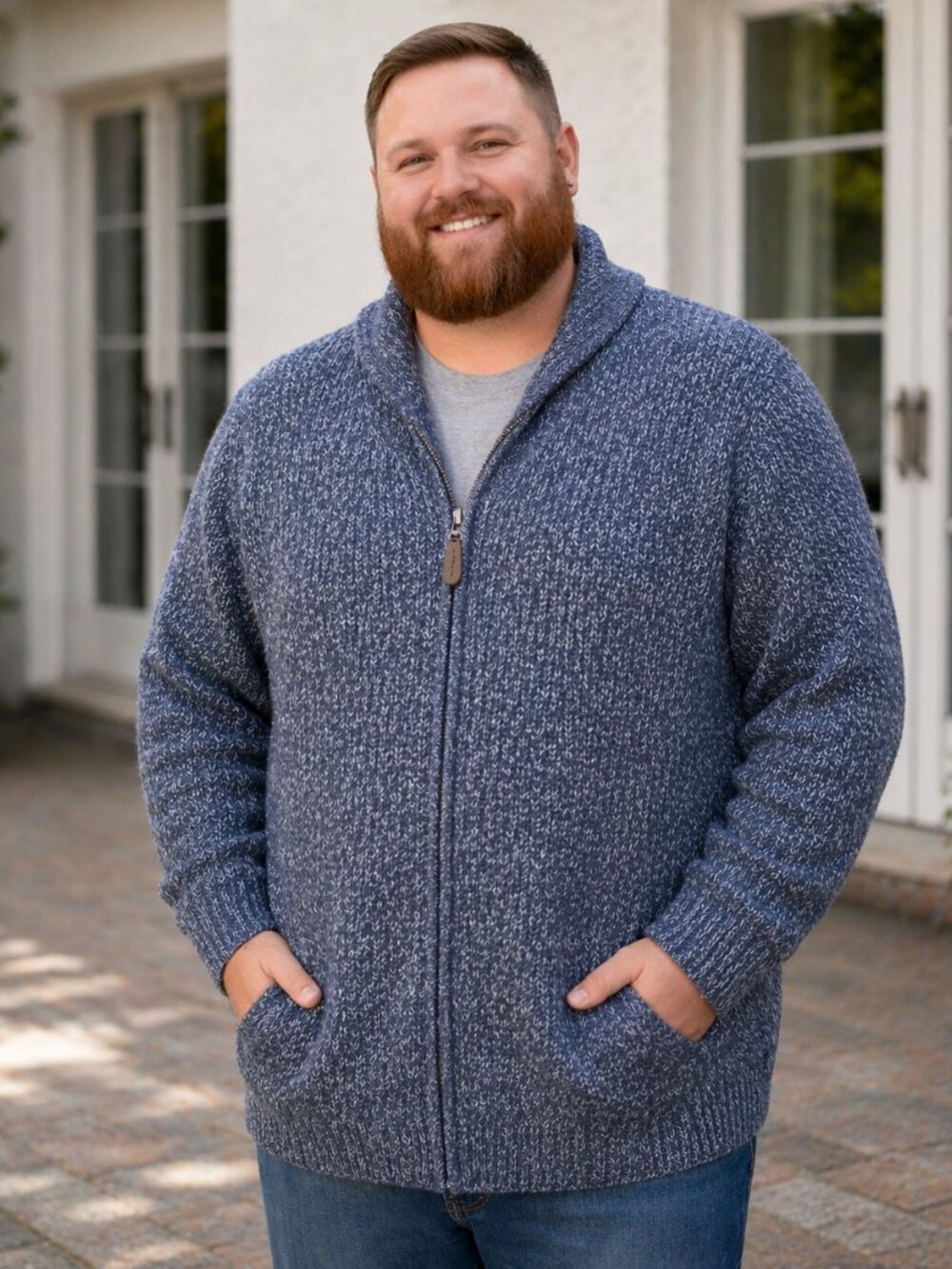 L.L.Bean Blue Jean Sweater FZ Preppy Knit Cardigan XXL Regular Cozy Denim Cotton